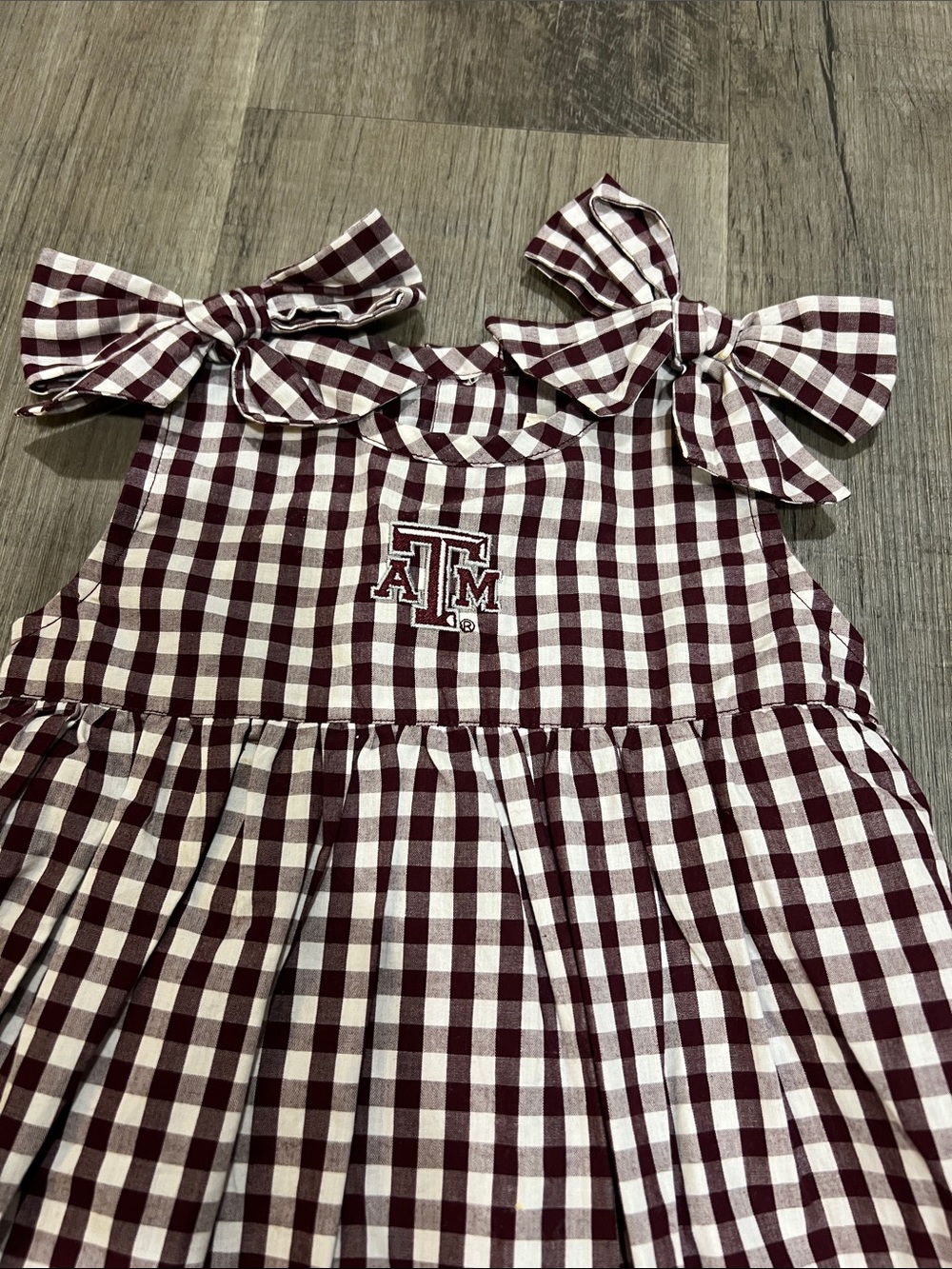 Maroon & White Gingham Texas A & M dress with built in bloomers size 12-18M - Picture 2 of 6